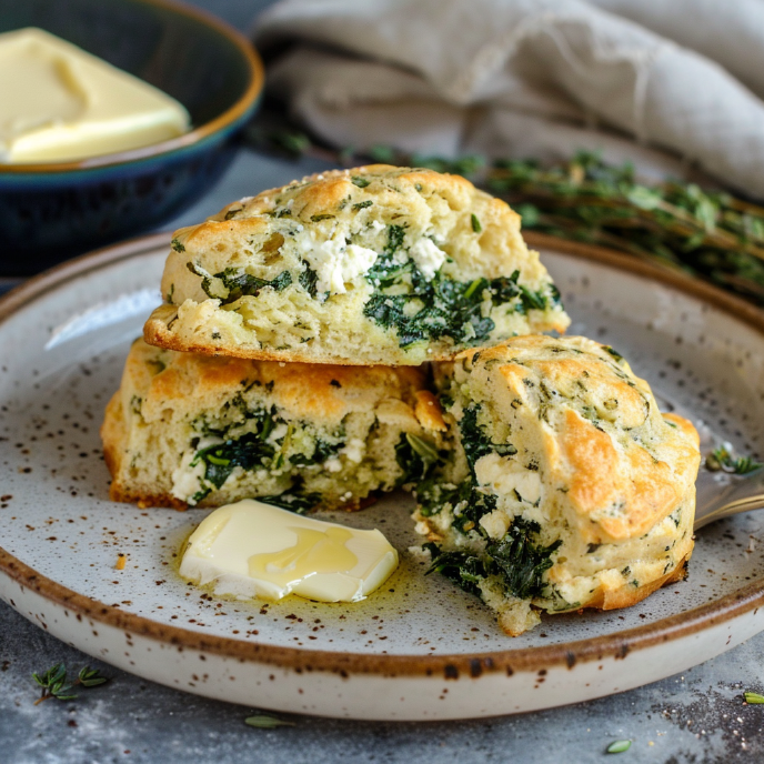 Spinach and Feta Scones on a plate with butter