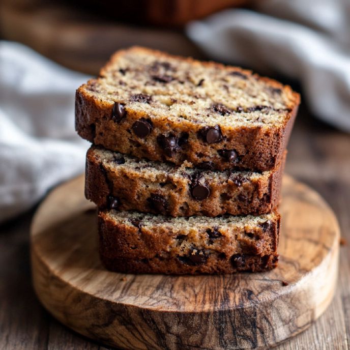 Slices of Chocolate Chip Banana Bread on a Wooden Board