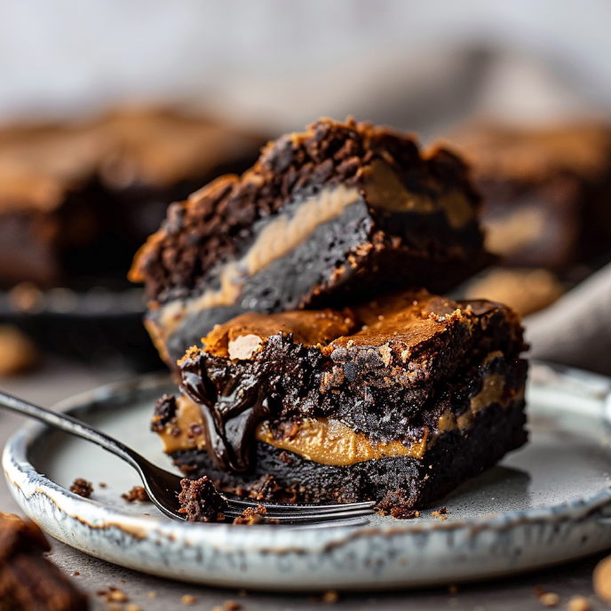 Fudgy Biscoff Brownies stacked on a plate