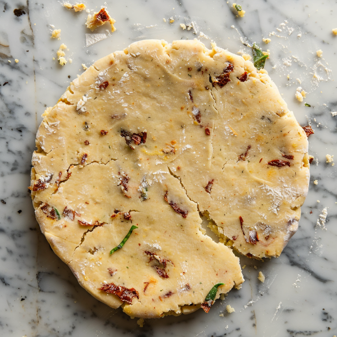 Sun-dried Tomato and Basil Scones Dough Rolled on a Marble Table, top view