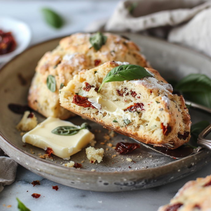 Two Sun-dried Tomato and Basil Scones on a Plate with Butter