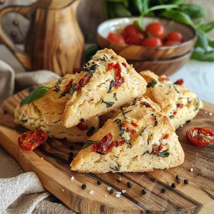 Sun-dried Tomato and Basil Scones on a chopping board