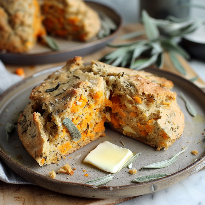 Sweet Potato and Sage Scone, cut open with butter on a plate