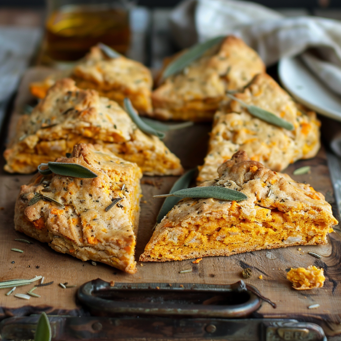 Sweet Potato and Sage Scones on a chopping board with fresh sage leaves