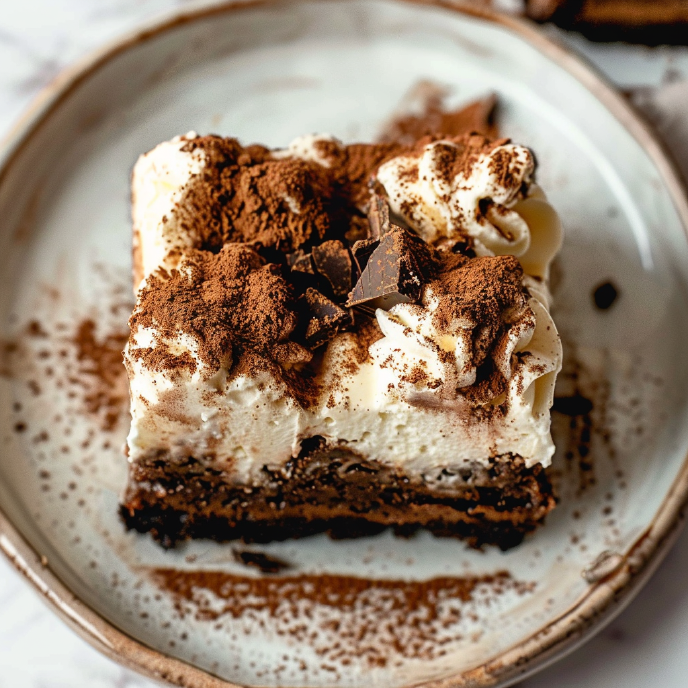 Chocolate, fudge brownies topped with coffee-soaked ladyfingers and mascarpone whipped cream