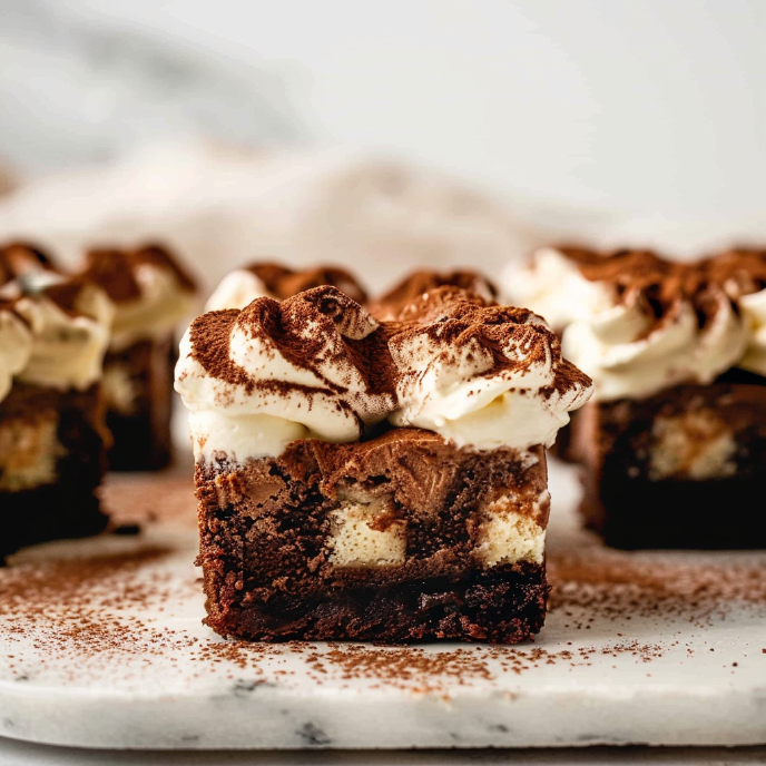 Tiramisu Brownies, side view showing fudgy brownies, coffee-soaked lady fingers, and mascarpone whipped cream