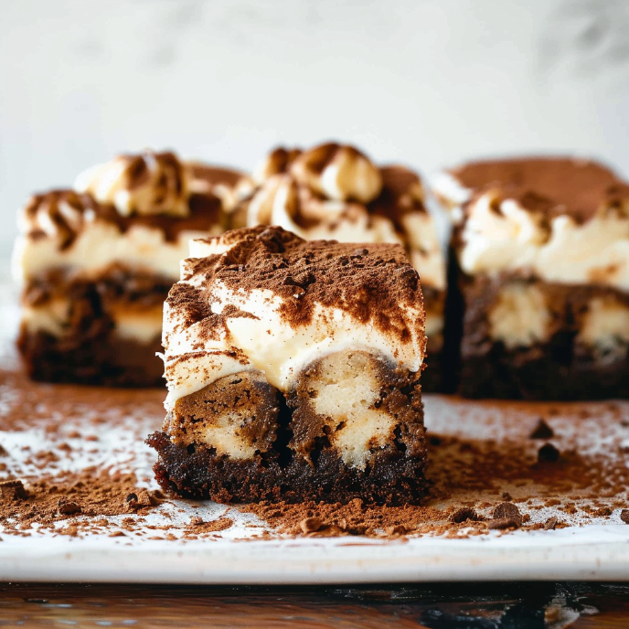 Tiramisu Brownies, side view showing fudgy brownies, coffee-soaked lady fingers, and mascarpone whipped cream