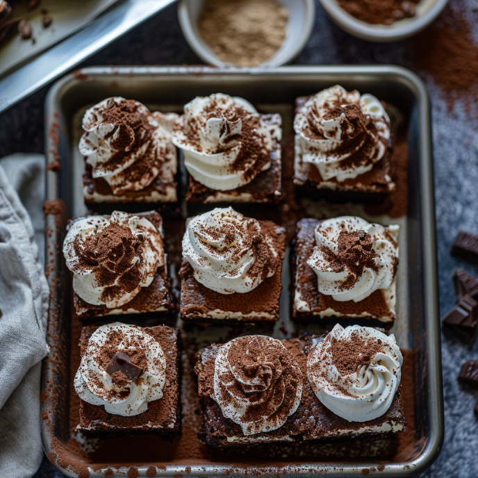 Tiramisu Brownies with whipped cream and cocoa powder, top down view