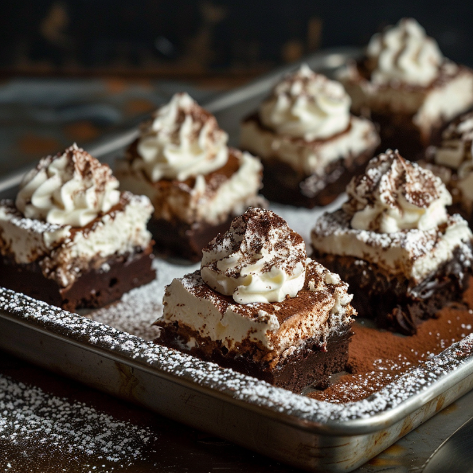 Tiramisu Brownies topped with mascarpone whipped cream and cocoa powder, sliced in a baking tray