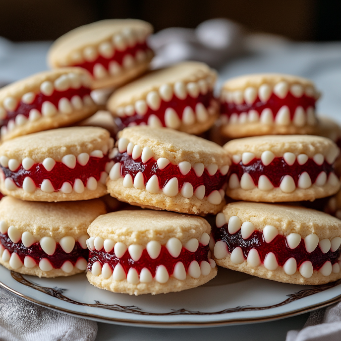 Vampire Teeth Sandwich Cookies piled on a plate