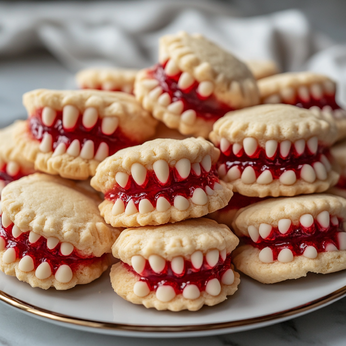 Vampire Teeth Sandwich Cookies piled on a plate