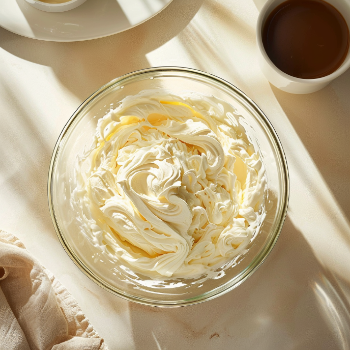 Whipped mascarpone and heavy cream in a bowl