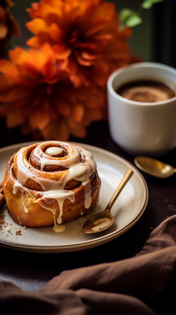 Pumpkin Cinnamon roll on a plate with glaze and a coffee