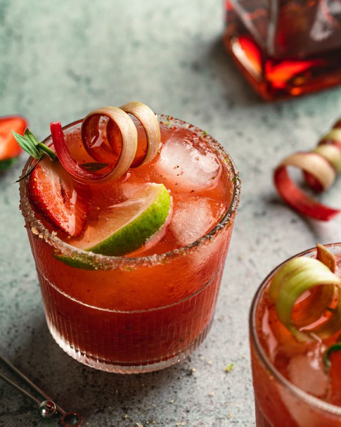 Rhubarb Margarita with Fresh Strawberries